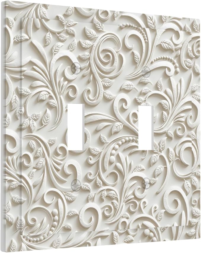 White Floral Vine 2-Gang Double Toggle Wall Plate, French Scroll Printed Pattern Light Switch Cover, Neutral Farmhouse Decor for Bedroom Bathroom Living Room