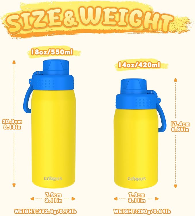GOPPUS 19oz Kids Water Bottle with Spout Lid, Toddler Water Bottle, Stainless Steel Insulated Water Bottle, Leakproof, BPA Free, Suitable for Boys and Girls for School（Yellow）