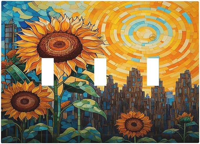 Abstract Sunflower Graffiti Floral Paint Art Flower Decorative Switch Plates 3 Gang Wall Plate Faceplate Electrical Wall Panels Triple Toggle Light Switch Cover for Bedroom Living Room Decor