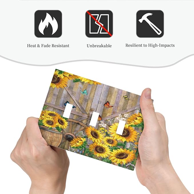 Rustic Sunflower Barn Door Country Wood Plank 3 Gang Light Switch Covers Decorative Triple Toggle Wall Plate Electrical Faceplate Switchplate for Farmhouse Bathroom Bedroom Home Decor