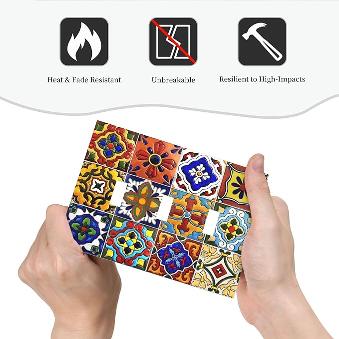 Vintage Colorful Boho Mexican Moroccan Tile Decorative Switch Plates 3 Gang Wall Plate Triple Toggle Light Switch Cover Faceplate Electrical Wall Panels for Farmhouse Home Decor