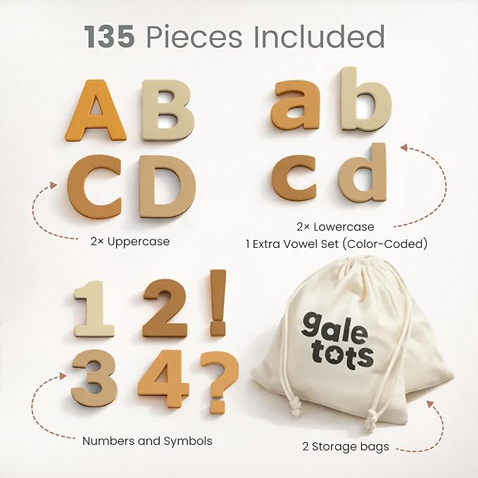 Magnetic Letters and Numbers Set for Kids – 135 PCS Alphabet Magnets for Fridge – Montessori ABC Educational Toy Gift in Neutral Aesthetic Colors by GALE TOTS