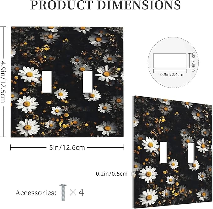 White Black Daisy Wildflower Modern Chrysanthemum Decorative Switch Plates 2 Gang Double Toggle Outlet Light Switch Cover Wall Plate Electrical Faceplate for Bedroom Farmhouse Decor