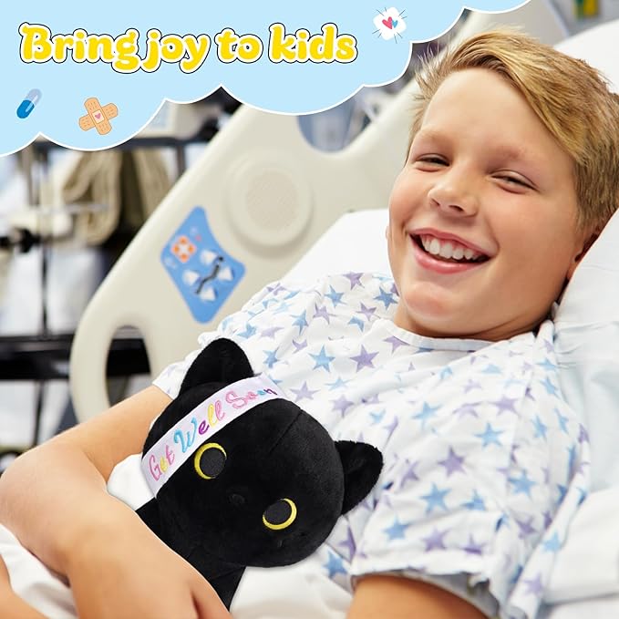 Get Well Gifts for Women Kids, 8 Inch Black Cat Plush Get Well Soon Stuffed Animals, Kawaii Cat Plushies Get Well Gifts for Kids Women After Surgery Feel Better Gift