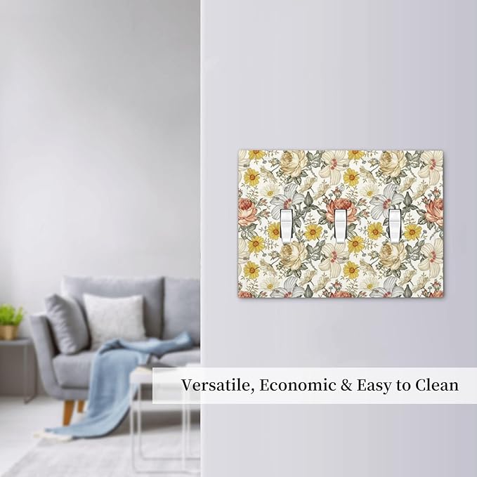 Multicolor Peony Daisy Vintage Floral Flower Decorative Switch Plates 3 Gang Wall Plate Triple Toggle Light Switch Cover Faceplate Electrical Wall Panels for Bedroom Living Room Decor