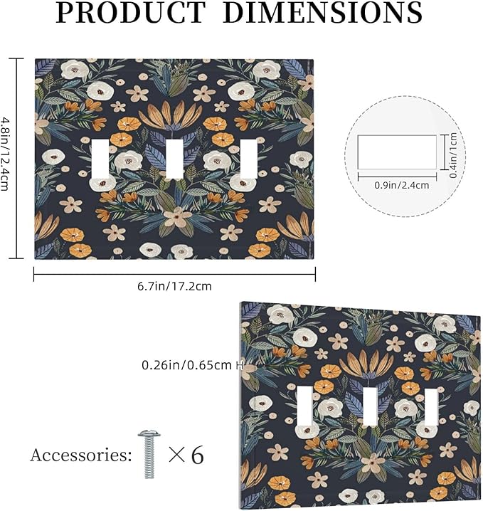 Boho Leaf Floral Navy Blue Background 3 Gang Light Switch Covers Triple Toggle Wall Plate Decorative Switchplate Electrical Faceplate for Farmhouse Country Bedroom Bedroom Decor