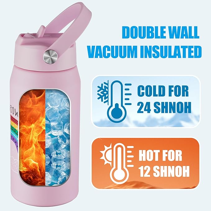OLDLEY kids Water Bottle - 18oz Insulated Stainless Steel - Wide Straw Lid, Non Spill, Leakproof, Kids Water Bottle for School,Rainbow