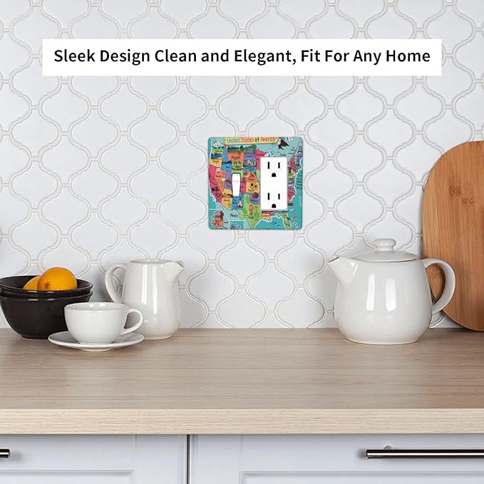American Map 2 Gang Single Toggle/Rocker Combination Light Switch Cover Decorative Wall Plate Faceplate Boys Kids Teen Girl Bedroom Room Decorate 4.5" x 4.5