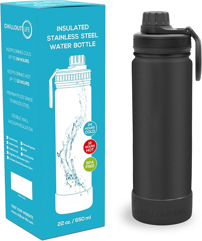 CHILLOUT LIFE 22 oz Kids Insulated Water Bottle for School with Leakproof Spout Lid and Cute Waterproof Stickers, Personalized Stainless Steel Thermos Flask Metal Water Bottle, Black