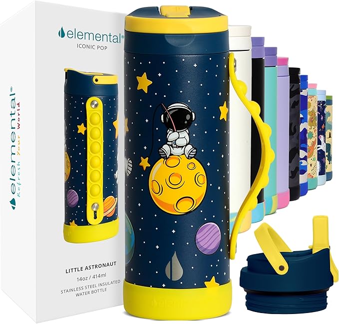 Elemental Iconic Kids Water Bottle for School - 100% Leak-Proof Insulated Water Bottles with Straw Lid & Pop-It Handle for Boys & Girls - Triple-Wall Insulated & BPA-Free, 14oz – Little Astronaut