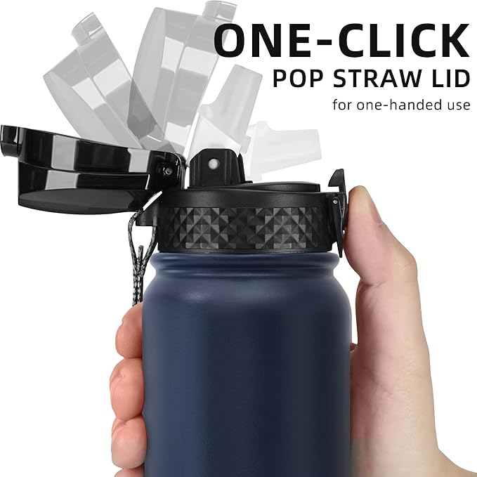 Fanhaw 20 oz Insulated Stainless Steel Water Bottle with Straw Lid, Leakproof & Anti-Dust Sports Bottle for Kids, Women & Men (Navy Blue)