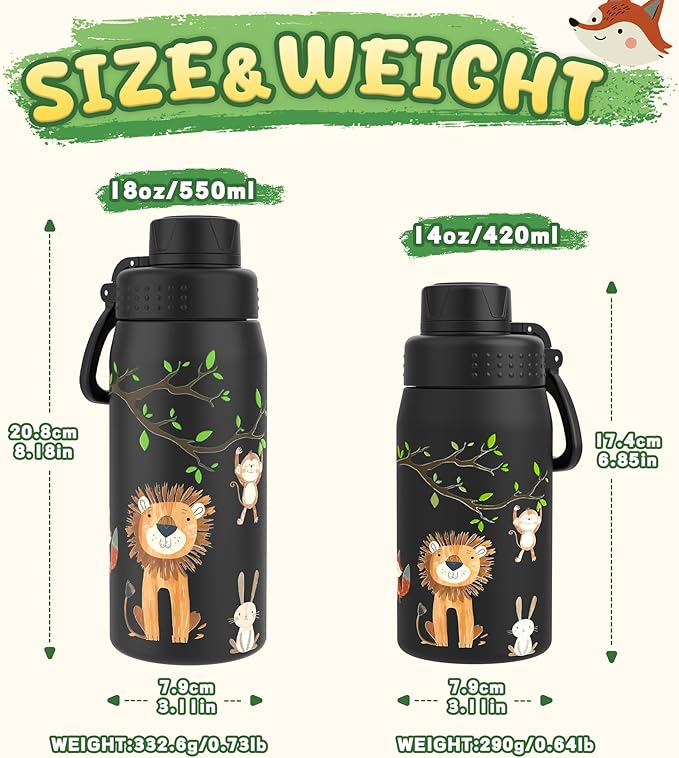 GOPPUS 19oz Kids Water Bottle with Spout Lid, Toddler Water Bottle, Stainless Steel Insulated Water Bottle, Leakproof, BPA Free, Suitable for Boys and Girls for School（Forest Animals）