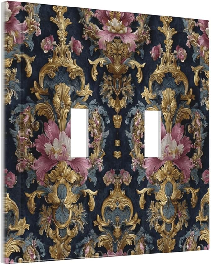 Decorative Light Switch Cover Plate Rococo Pink Floral Flower Gold Leaf 2 Gang Outlet Covers Double Toggle Wall Plates for Electrical Outlets Switch Plate Covers Faceplate for Home Decor