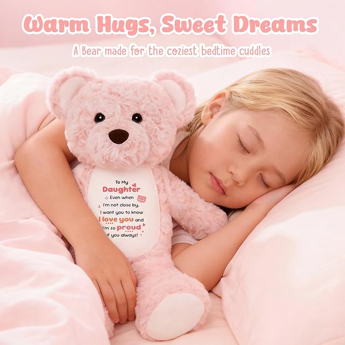 to My Daughter Teddy Bear Plush Toy, Daughter Gifts from Mom Dad, Soft Stuffed Animal with Positive Affirmation Message, Mothers Day Birthday Graduation Gifts for Daughter Women Kids 15" (Pink Curly)