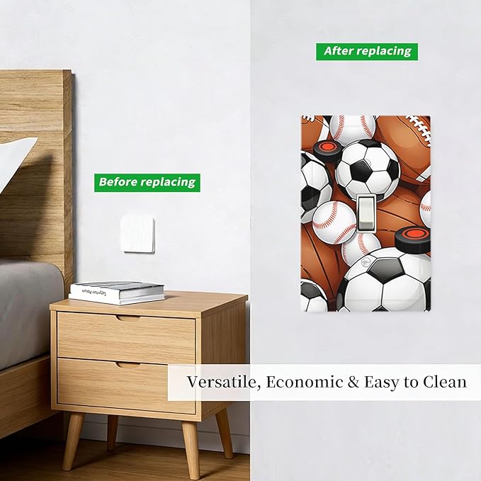 All-Star Sports Balls Collage 1-Gang Toggle Light Switch Plate, Football Baseball Soccer Game Day Themed Decorative Wall Plate for Boy's Bedroom