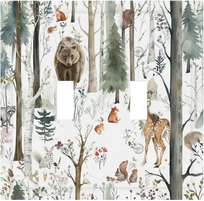 Snow Bear Fox Deer Forest Squirrel Wild Life Animal Decorative Switch Plates 2 Gang Double Toggle Outlet Light Switch Cover Wall Plate Electrical Faceplate for Farmhouse Kids Room Decor