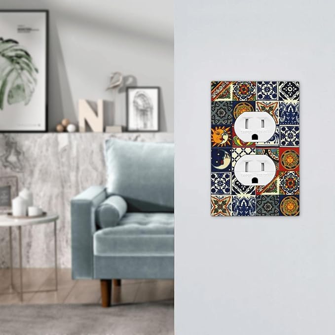 Kitchen Blue/Red Boho Mexican Talavera Tile 1 Gang Duplex Wall Plate Receptacle Outlet Covers Bohemian Moroccan Mosaic Tiles Decorative Electrical Dual Device Light Switch Plug Socket Faceplate Cover