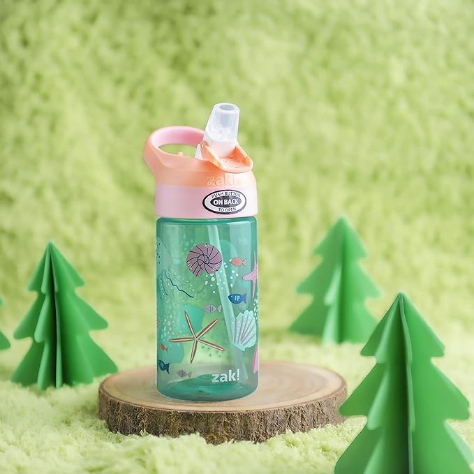 Zak Designs 16oz Riverside Kids Water Bottle with Spout Cover and Built-in Carrying Loop, Made of Durable Plastic, Leak-Proof Water Bottle Design for Travel (Unicorn & Shells, Pack of 2)