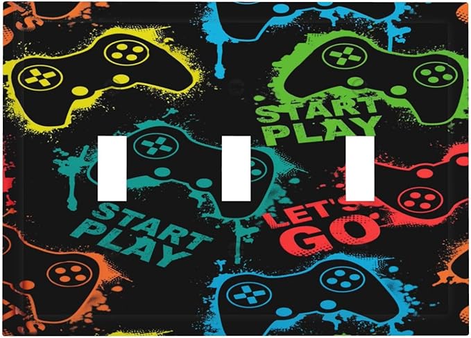 Gaming Hippie Gamer Modern Gamepad Colorful Graffiti Decorative Switch Plates 3 Gang Wall Plate Triple Toggle Light Switch Cover Faceplate Electrical Wall Panels for Kids Room Nursery Decor