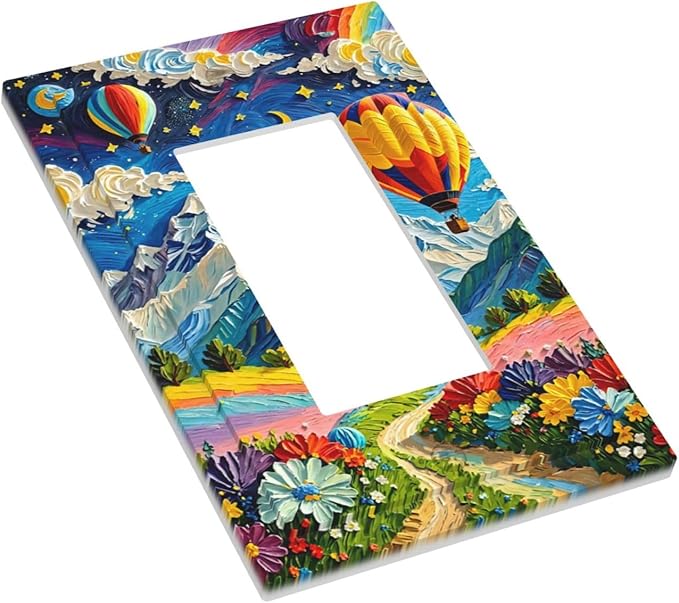 Hot Air Balloons Floral Vibrant Colors Flowers Mountains Stars Moon Decorative Outlet Covers 1 Gang Single Rocker Wall Plates Gfci Faceplate Light Switch Cover Plate for Bedroom Kids Room