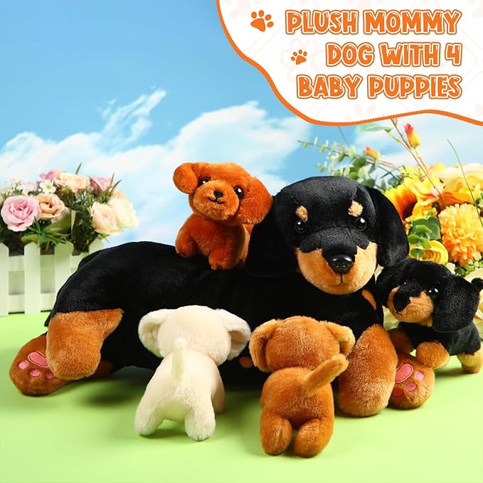 Honoson Nurturing Dog Mommy Plush Set with 4 Baby Puppies Soft Cute Dog Themed Stuffed Plush Toys for Kids Girls Boys Easter Birthday Gifts(Dachshund)