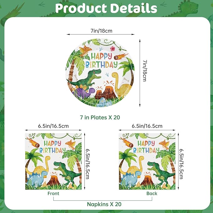40 Pcs Dinosaur Plates and Napkins Sets - Happy Birthday Dino Party Supplies Tableware, Watercolor Disposable Paper Plates Napkins Kit for Dinosaur Birthday Party Decorations Table Decor, Serves 20