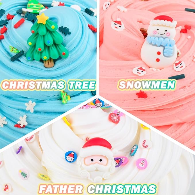 3 Pack Christmas Butter Slime Kit for Kids, Scented Slime with Santa Claus, Snowman, Christmas Tree Charm, Soft, Non-Sticky, Goodies Bag Toy for Party Favors, Birthday Gifts for Girl Boy