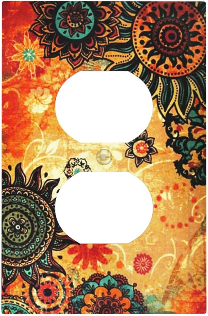 Red Orange Boho Bohemian Flower Floral 1 Gang Receptacle Wall Plate Duplex Outlet Covers Decorative Single Device Switchplate Face Wallplate Bedroom Decorate