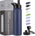 DOMICARE Insulated Water Bottle, 22 oz Vacuum Insulated Stainless Steel Reusable Sports Bottle with Straw Lid & Spout Lid for Travel, Camping, Bike, Leakproof, Navy Blue, 1 Pack