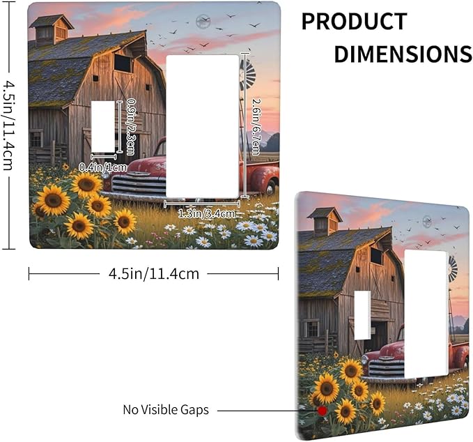 Rustic Barn Red Truck Windmill Sunflower Outlet Covers 1 Toggle 1 Rocker Combination Decorative Wall Plate Electrical Switch Plates Light Switch Cover Plate for Farmhouse Home Decor