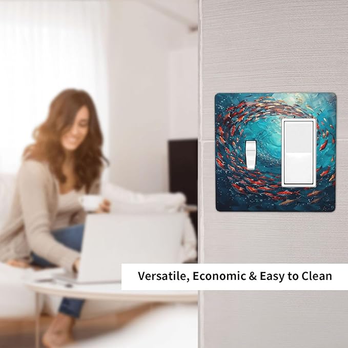 Ocean Fish School Of Fish Vortex Deep Sea Outlet Covers 1 Toggle 1 Rocker Combination Decorative Wall Plate Electrical Switch Plates Light Switch Cover Plate for Kids Room Bedroom Decor