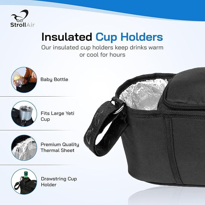 StrollAir - Universal Best Double Parent Stroller Organizer Caddy Insulated Cup Holder Console side-by-side Mountain Buggy TWIN WAY Bob Duallie Baby Jogger City Mini GT – Black