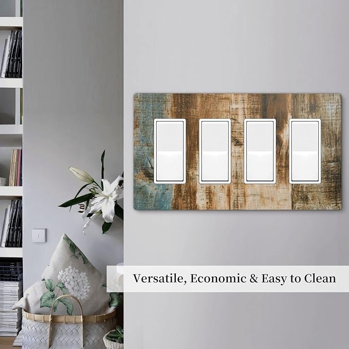 Brown Wood 4 Gang Quad Rocker/Decor Light Switch Cover Plate Decorative Electrical Faceplate for Bathroom Room Decorate Jumbo Size Screwless 8.3" x 4.6