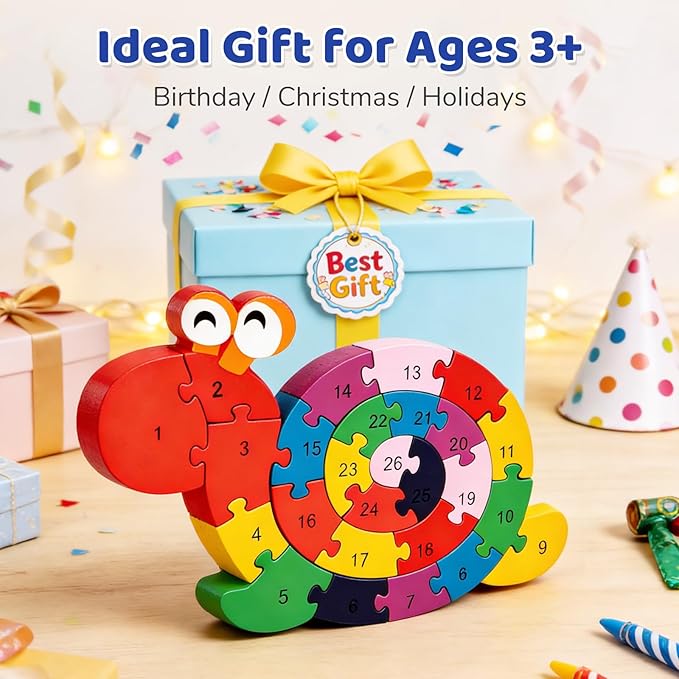 LovesTown Wooden Puzzles for Kids, Double Sided Snail Jigsaw with Alphabet & Numbers, Montessori Educational Toy for Toddlers, Chunky Animal Gift