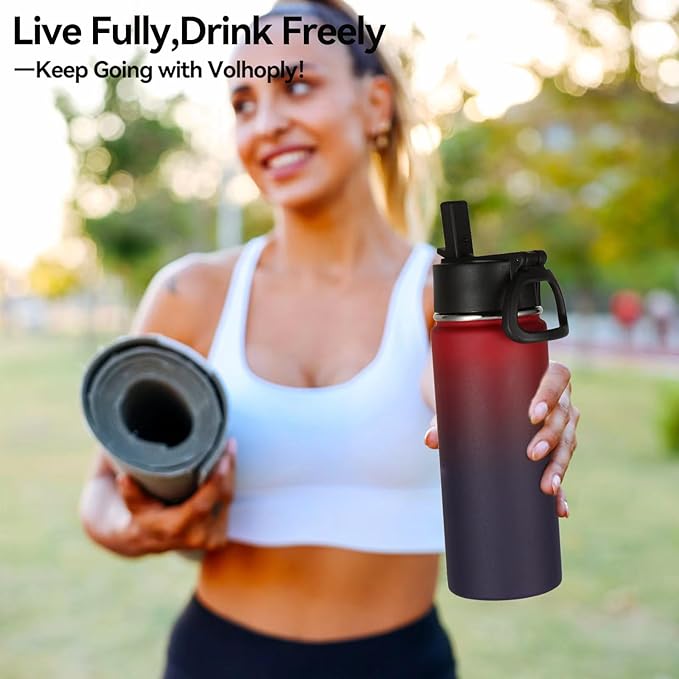 Volhoply 18oz Kids Insulated Water Bottle,Stainless Steel Water Bottles with Straw Lid,Double Wall Vacuum Metal Sports Water Flask,Wide Mouth Reusable Travel Cups For Cold Drink(Red Purple,1 Set)