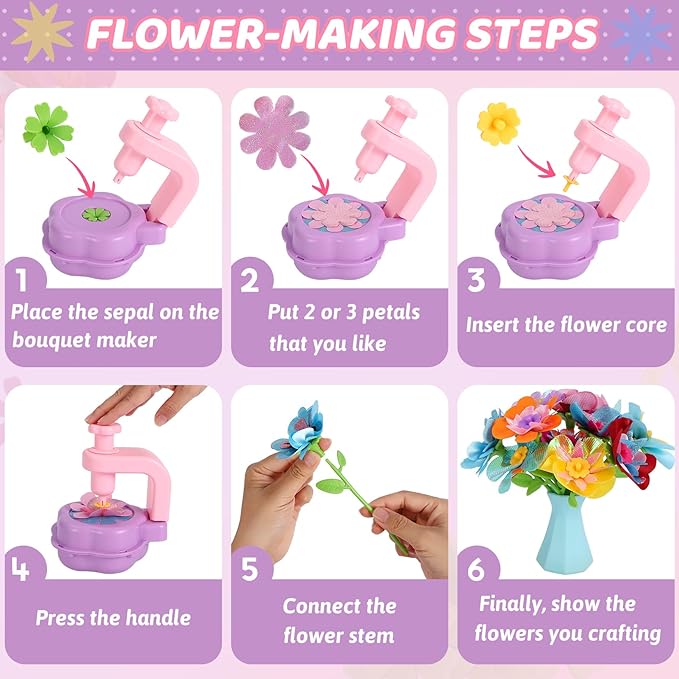 DAISRED Flower Craft Kits Toys for Kids, Arts and Crafts for Girls Ages 4-6-8, DIY Flower Making Kit for Kids, Art Craft Activity Toys, Birthday Gifts for 4 5 6 7 8 9 Year Old Girls Boys