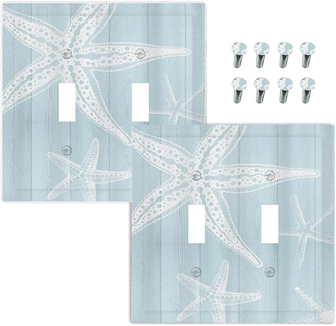 Outlet Covers Blue Wooden Plank Starfish Ocean Vintage 1 Gang Duplex Light Switch Cover Plate Decorative Wall Plates Electrical Switchplate Receptacle for Bathroom Bedroom Decor（2 Pack）