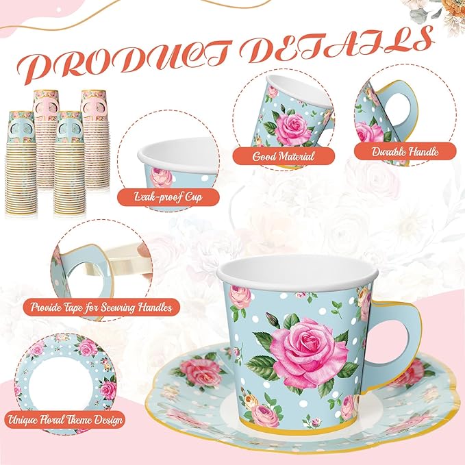 Umigy 36 Sets Mother's Day Tea Party Decorations 6.5 oz Floral Paper Teacups & Saucer Set for Girls Women Tea Parties Mothers Day Bridal Shower Wedding Birthday Party Decorations(Blue Pink)