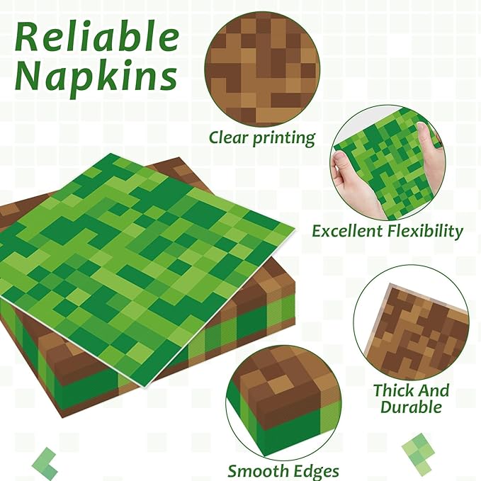 96Pcs Pixel Party Paper Plates and Napkins Video Game Party Decorations Pixel Paper Dessert Plates Mining Gaming Disposable Tableware Set Boys Girls Kids Teenagers Birthday Supplies 24 Guests