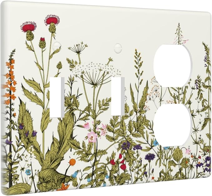Country Vintage Rustic Flowers Floral 3 Gang 2 Toggle 1 Rocker/GFCI/Decorator Combination Outlet Light Switch Cover Beige Yellow Blossom Nature Wildflower Style Decorative Combo Switch Face Wall Plate