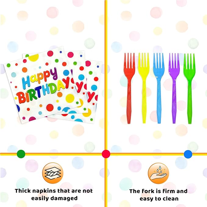 100 PCS Happy Birthday Paper Plates Napkins and Forks Set Serve 25, 9 Inches and 7 Inches Colorful Polka Dots Cake Dessert Plates Disposable Dinnerware Tableware Decor for Dinner Bday Party Supplies