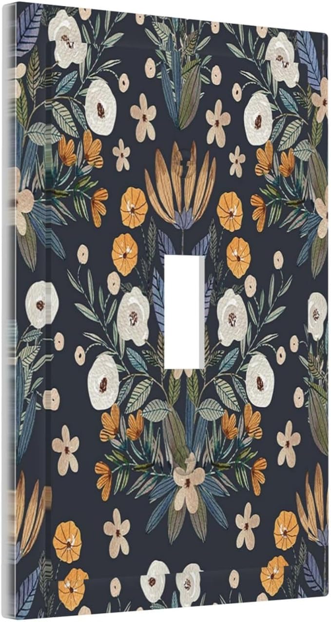 Boho Leaf Floral Navy Blue Background 1 Gang Light Switch Covers Single Toggle Wall Plate Decorative Switchcover Electrical Switchplate for Farmhouse Country Bedroom Bedroom Decor