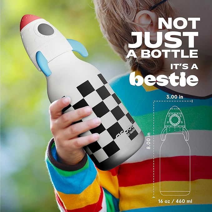 asobu Bestie Bottle Insulated Stainless Steel Water Bottle with Detachable Soft Animal Head Fun Drinking For Kids and Teens with Flexible Reusable Straw 16 Ounce (Rocket Checker Bottle)