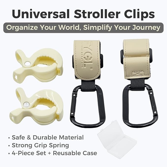 4-Pack Stroller Organizer: 2 Universal Pram Clips with 2 Stroller Hooks | Convenient Travel & Shopping Essentials for Baby Carriage - Light Yellow