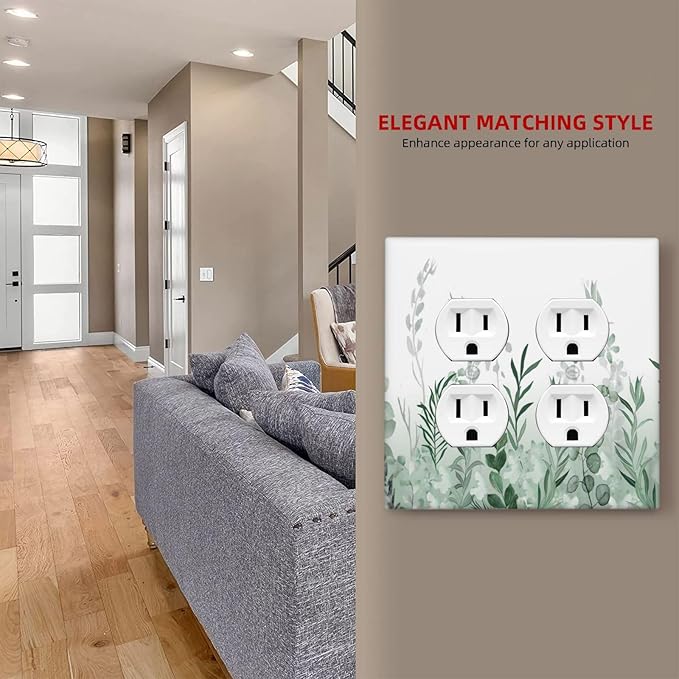 Watercolor Green Leaf Rustic Plant Eucalyptus Flowers Outlet Covers 2 Gang Double Duplex Decorative Light Switch Covers Electrical Wallplates Socket Faceplate for Bed Room Living Room Decor