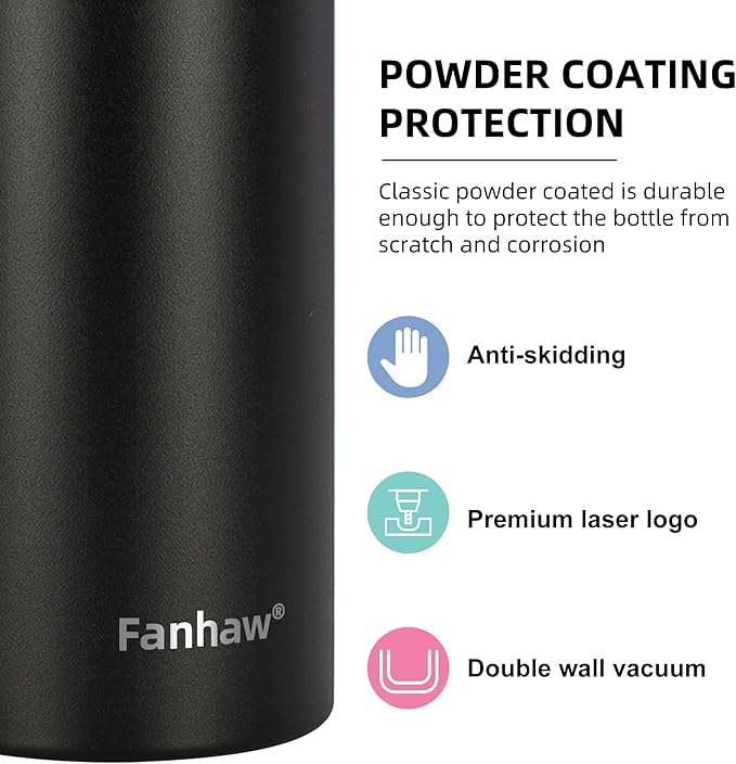 Fanhaw 24 oz Insulated Stainless Steel Water Bottle with Straw Lid, Leakproof & Anti-Dust Sports Bottle for Kids, Women & Men (Black)