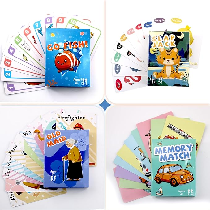 Card Games for Kids Ages 4-8, Go Fish,Old Maid Card Game and Memory Games Card, Fun Classic Kid Toddlers Games for Family Game Night Party Travel Preschool Classroom,Stocking Stuffers Gifts,4 Decks