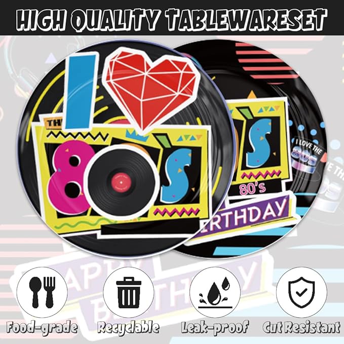 40Pcs 80s Birthday Party Decorations Plates 80s Themed Tableware Include Paper Plates Napkins for 20 Guests Baby Shower Birthday Party Decorations