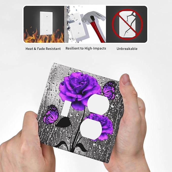 Pretty Purple Grey Rose Butterfly 2-Gang 1-Toggle 1-Duplex Device Combination Wallplate Valentine's Day Flowers Blossom Art One Toggle Switch and One Duplex Receptacle Outlet Combo Light Switch Cover