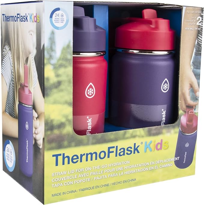 ThermoFlask Kids 14 oz Insulated Water Bottles with Straw Lid BPA-Free Stainless Steel Leakproof & Spill-Proof Design Easy Clean Wide Mouth 2-Pack for School, Sports, Playdates, Punch/Eggplant